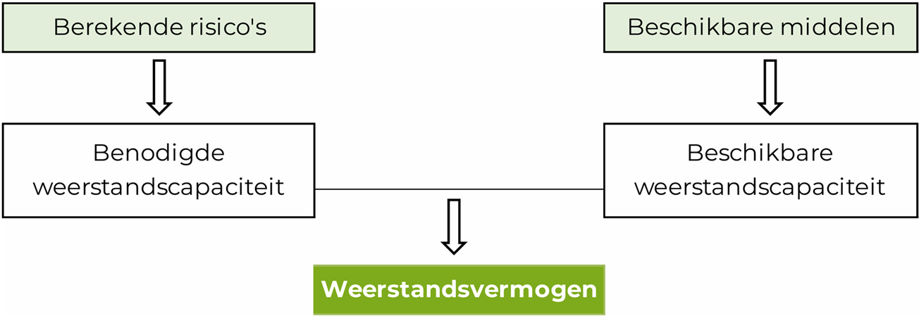 Een stroomschema van hoe zowel de berekende risico's via de benodigde weerstandscapaciteit als de beschikbare middelen via de beschikbare weerstandscapaciteit leiden tot het weerstandsvermogen.